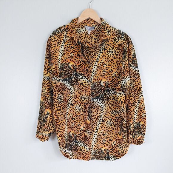 Vintage Top Blouse Button Shirt Cheetah Animal Print The Nanny Mob Wife XL 16 - Picture 1 of 11